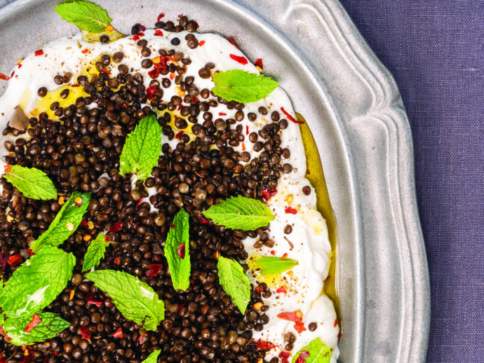 Black “Caviar” Lentils Tumbled Over Creamy Yogurt with Mint