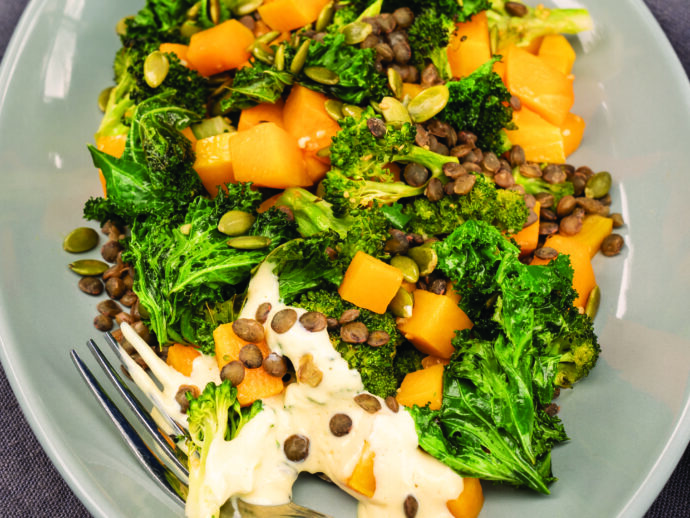 Colourful Roasted Veggies and Lentils with Crisped Kale and Creamy Vegan Mayo
