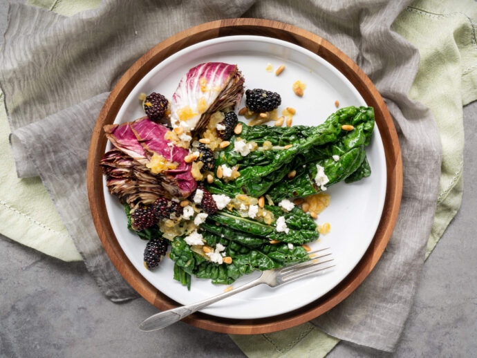 Grilled Greens with Warm Blackberries in White Balsamic Dressing